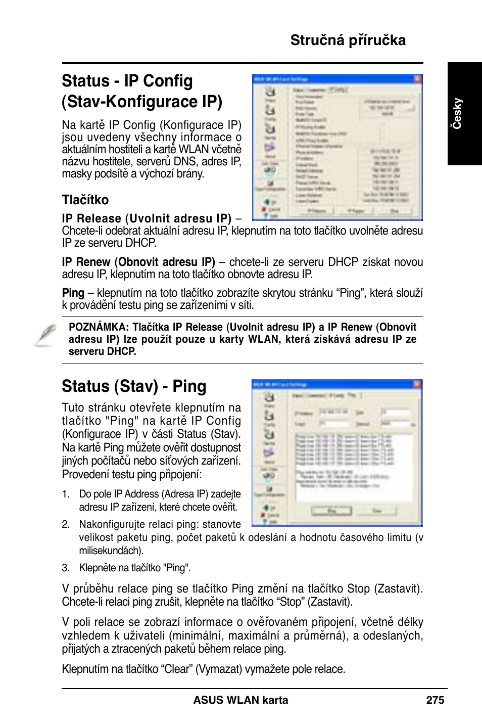 Status - ip config (stav-konfigurace ip), Status (stav) - ping, Stručná příručka | Asus WL-169gE User Manual | Page 276 / 309