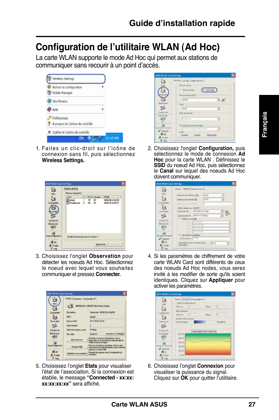 Configuration de l’utilitaire wlan (ad hoc), Guide d’installation rapide | Asus WL-169gE User Manual | Page 28 / 309
