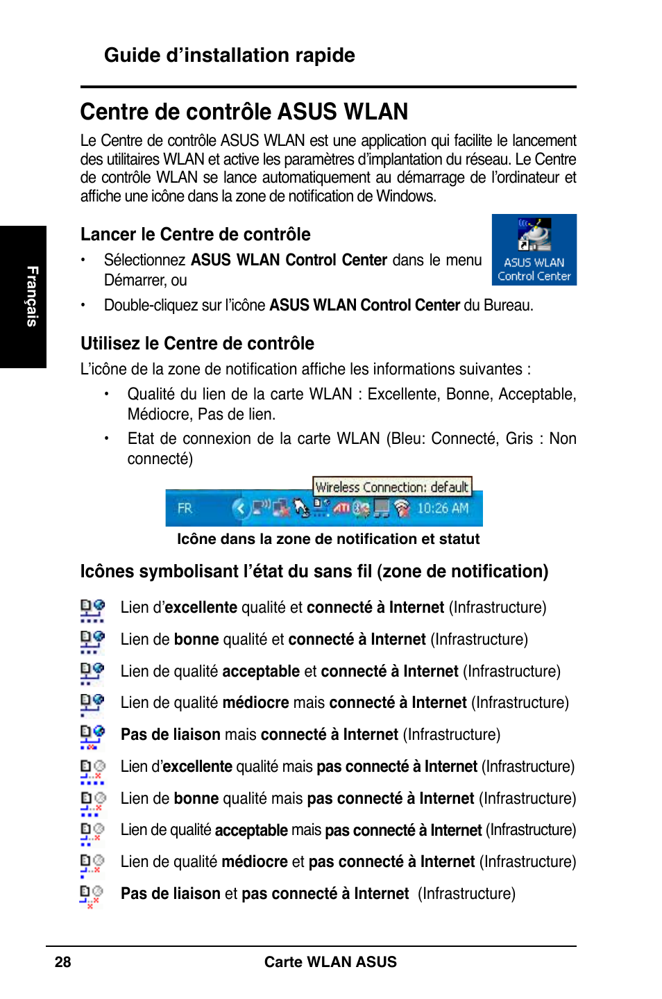 Centre de contrôle asus wlan, Guide d’installation rapide | Asus WL-169gE User Manual | Page 29 / 309