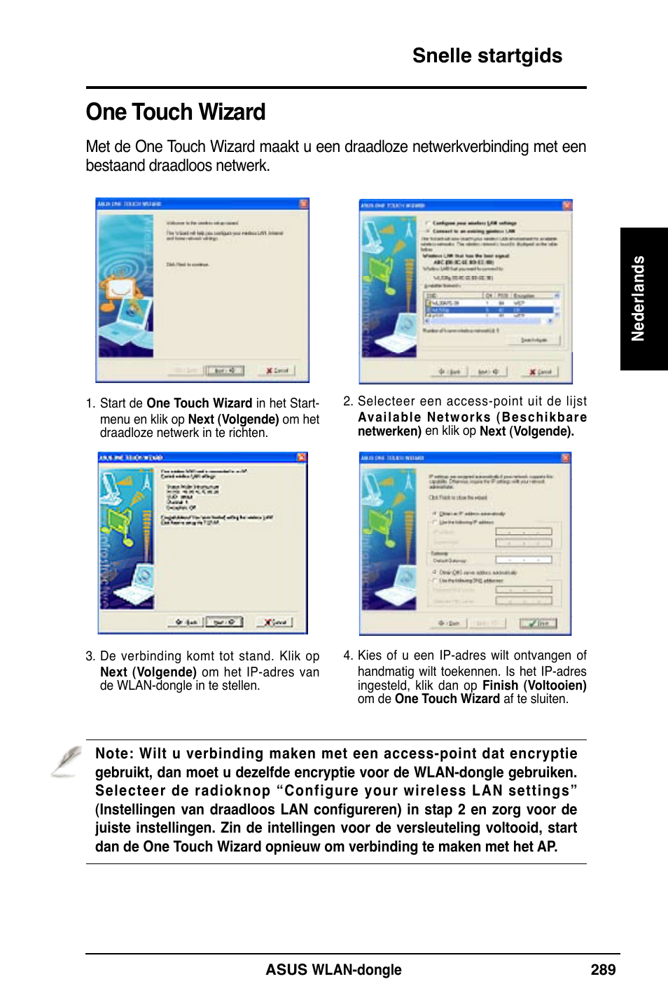 One touch wizard, Snelle startgids | Asus WL-169gE User Manual | Page 290 / 309
