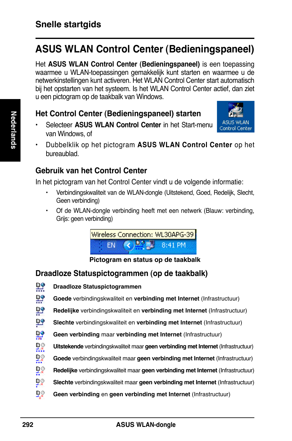 Asus wlan control center (bedieningspaneel), Snelle startgids | Asus WL-169gE User Manual | Page 293 / 309