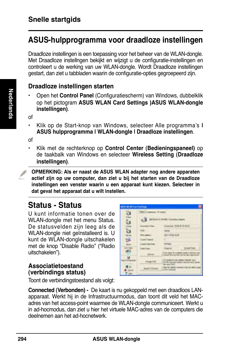 Status - status, Asus-hulpprogramma voor draadloze instellingen, Snelle startgids | Asus WL-169gE User Manual | Page 295 / 309