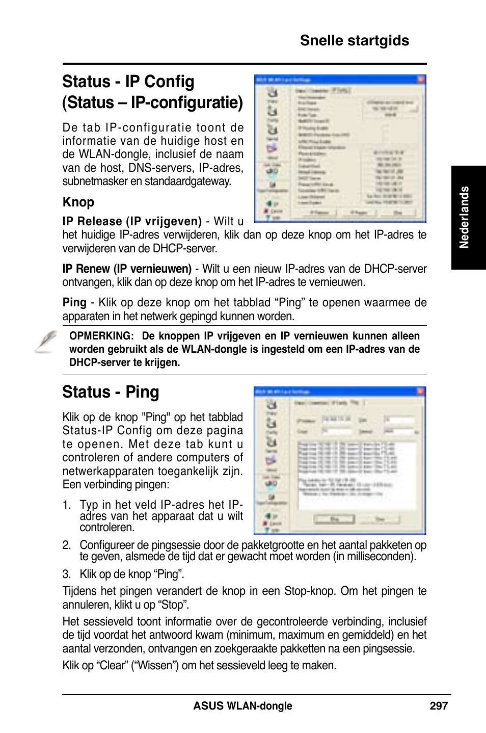 Status - ip config (status – ip-configuratie), Status - ping, Snelle startgids | Asus WL-169gE User Manual | Page 298 / 309