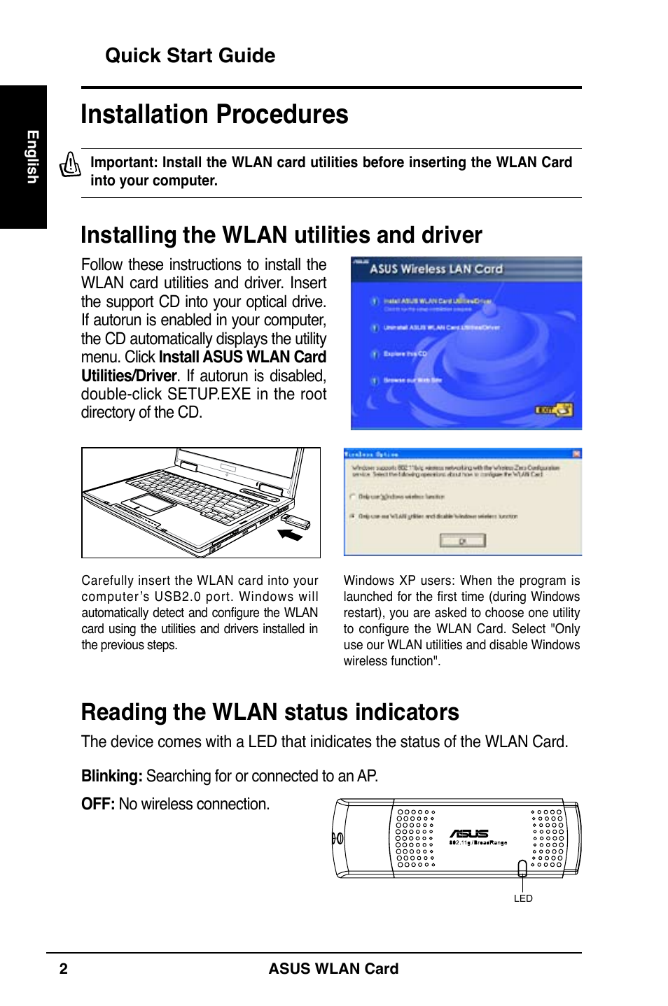 Installation procedures, Installing the wlan utilities and driver, Reading the wlan status indicators | Quick start guide | Asus WL-169gE User Manual | Page 3 / 309