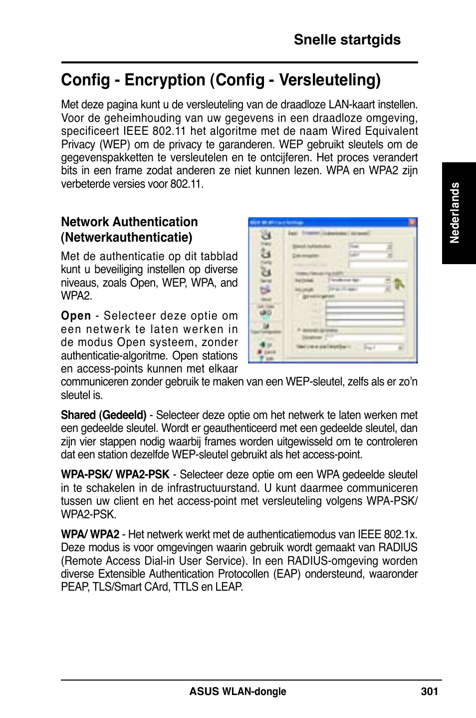 Config - encryption (config - versleuteling), Snelle startgids | Asus WL-169gE User Manual | Page 302 / 309