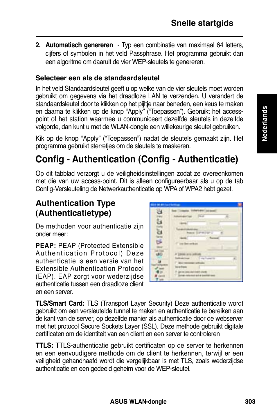 Config - authentication (config - authenticatie), Snelle startgids, Authentication type (authenticatietype) | Asus WL-169gE User Manual | Page 304 / 309