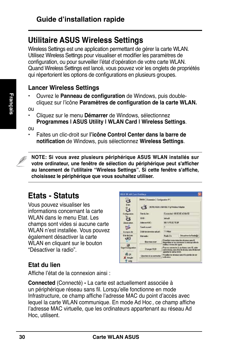 Etats - statuts, Utilitaire asus wireless settings, Guide d’installation rapide | Asus WL-169gE User Manual | Page 31 / 309