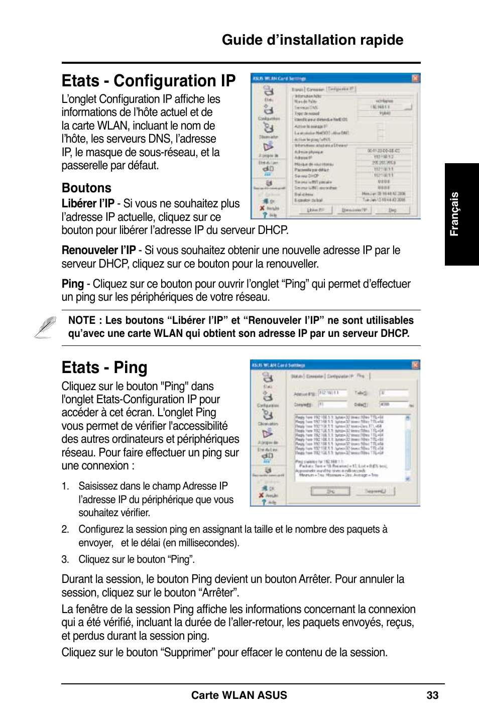 Etats - configuration ip, Etats - ping, Guide d’installation rapide | Asus WL-169gE User Manual | Page 34 / 309