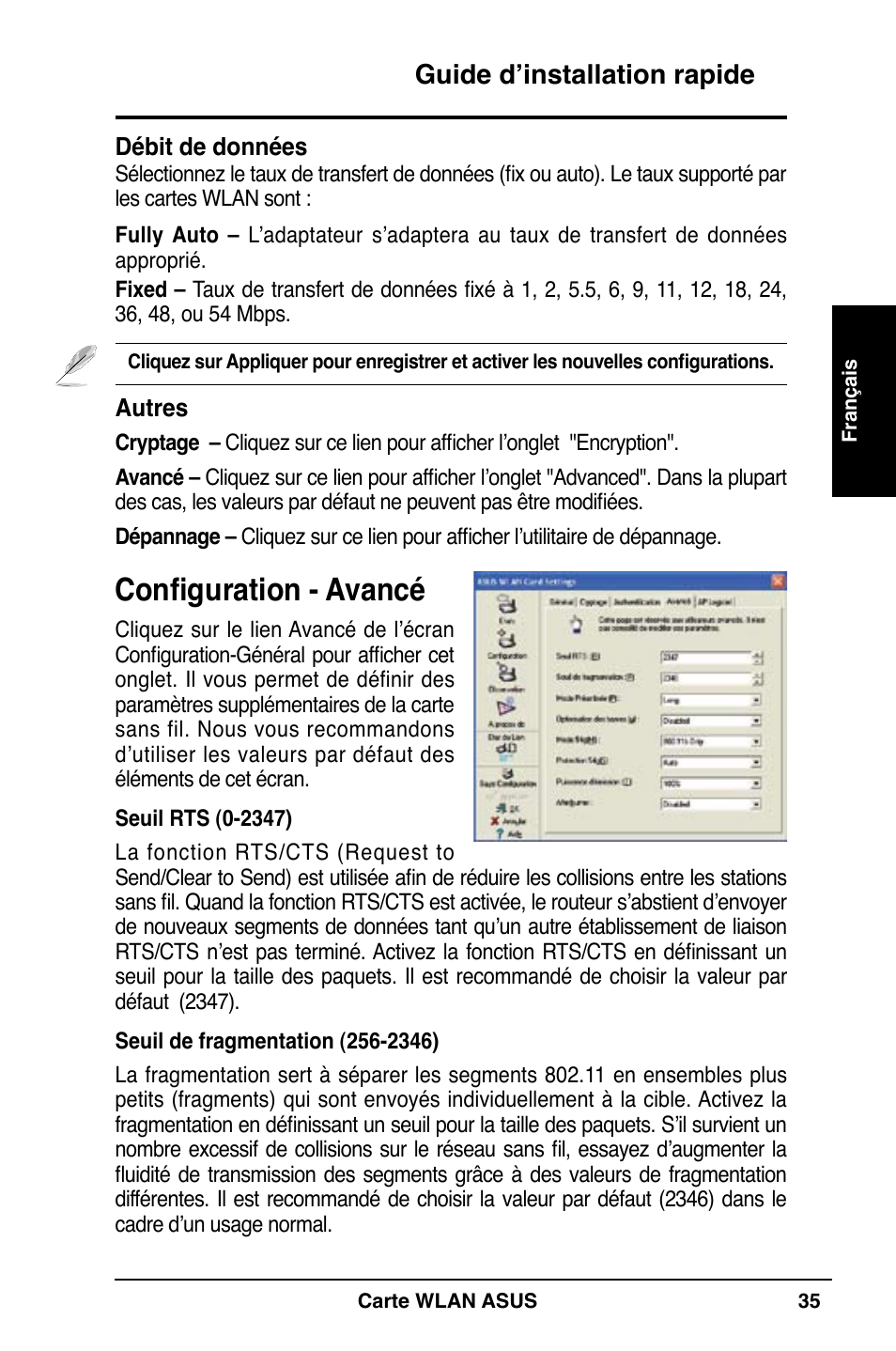 Configuration - avancé, Guide d’installation rapide | Asus WL-169gE User Manual | Page 36 / 309