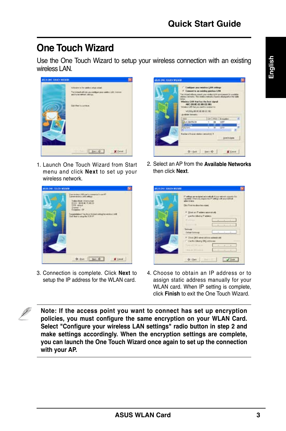 One touch wizard, Quick start guide | Asus WL-169gE User Manual | Page 4 / 309