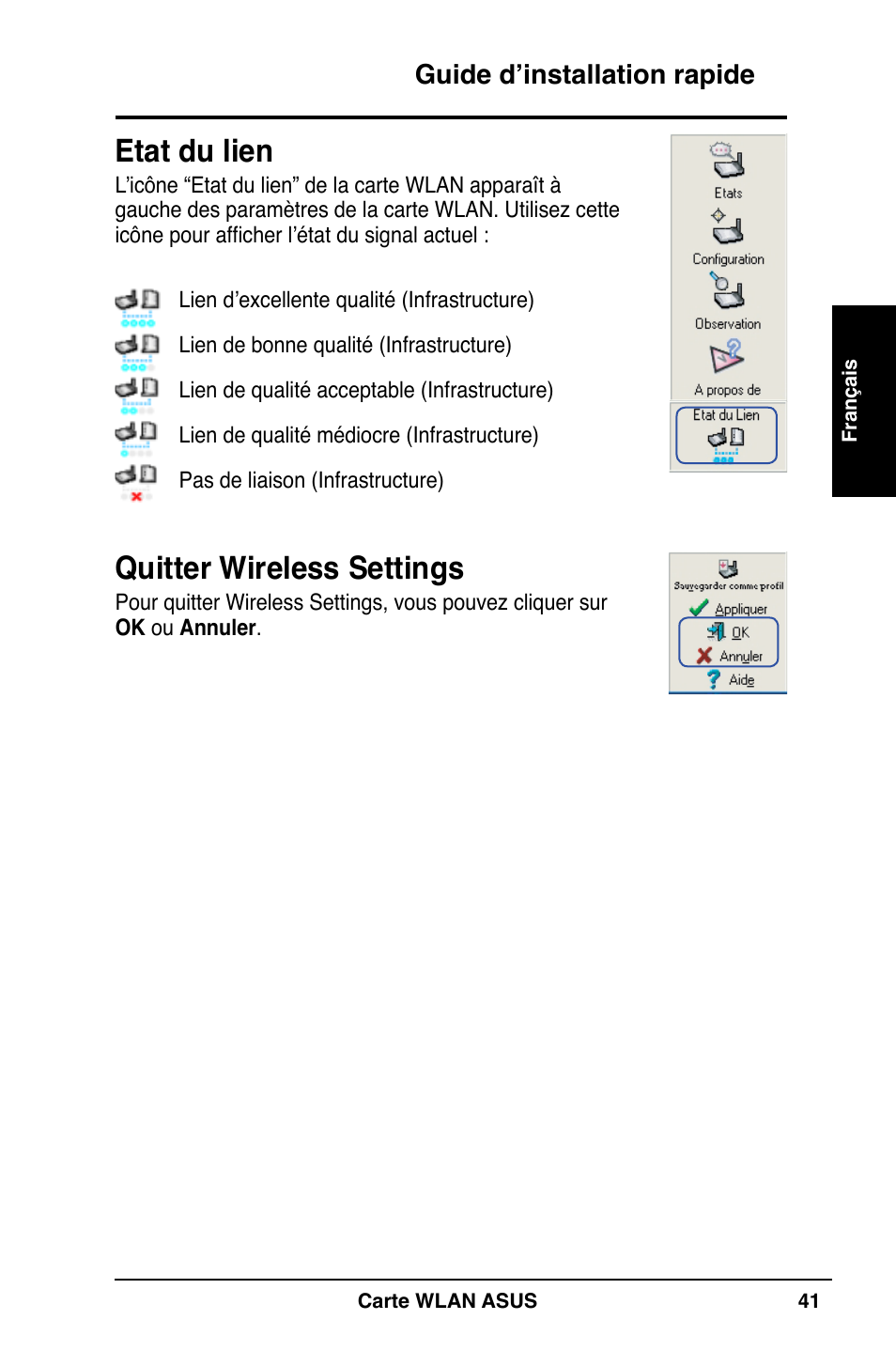 Etat du lien, Quitter wireless settings | Asus WL-169gE User Manual | Page 42 / 309