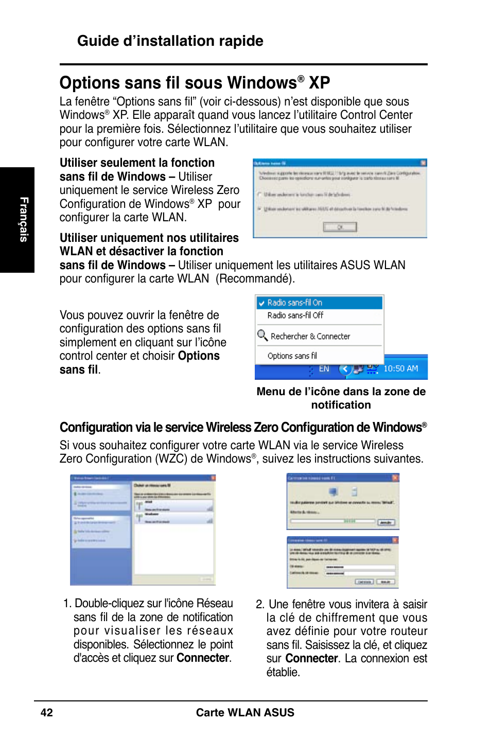 Options sans fil sous windows, Guide d’installation rapide | Asus WL-169gE User Manual | Page 43 / 309