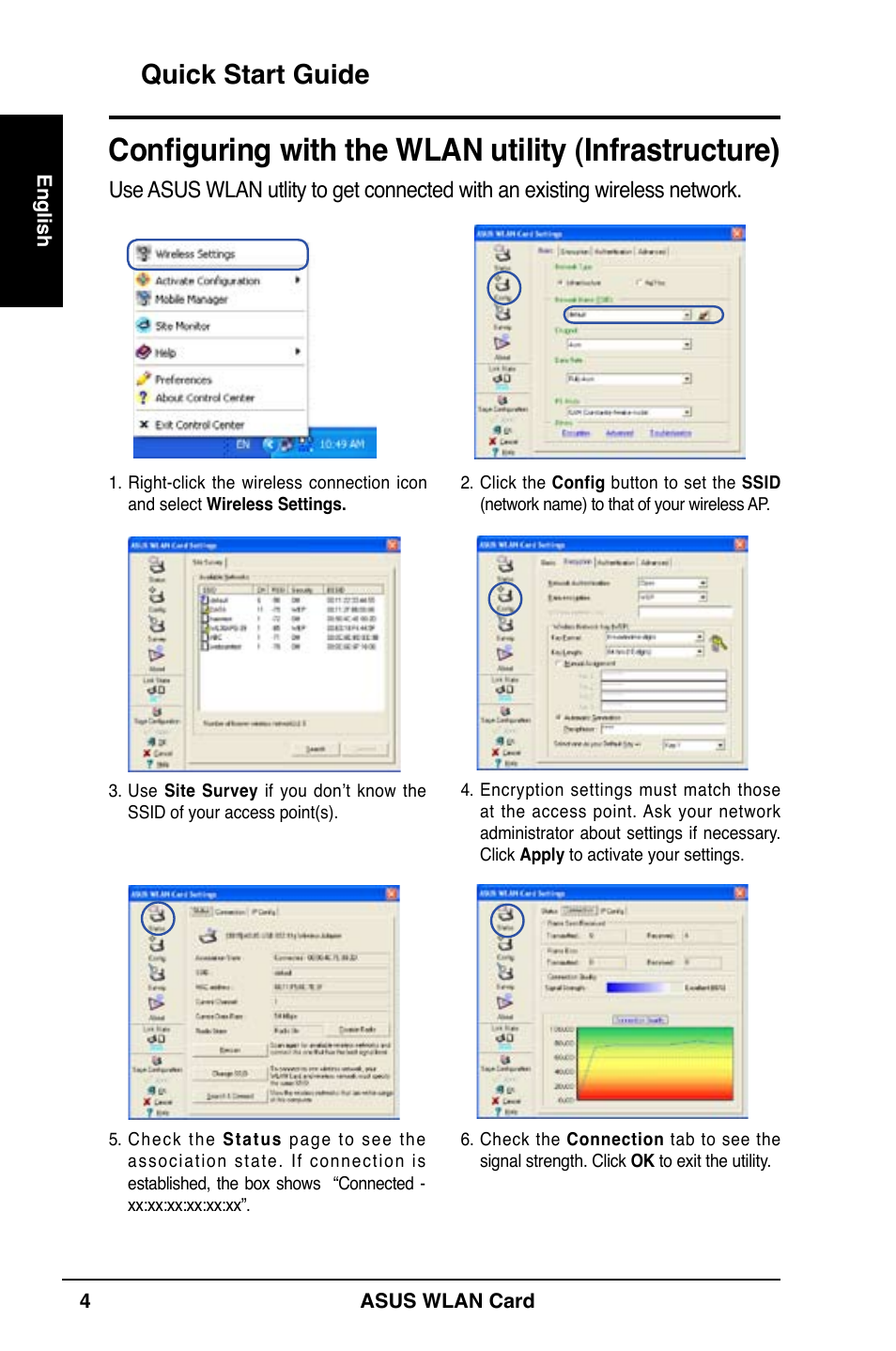 Configuring with the wlan utility (infrastructure), Quick start guide | Asus WL-169gE User Manual | Page 5 / 309