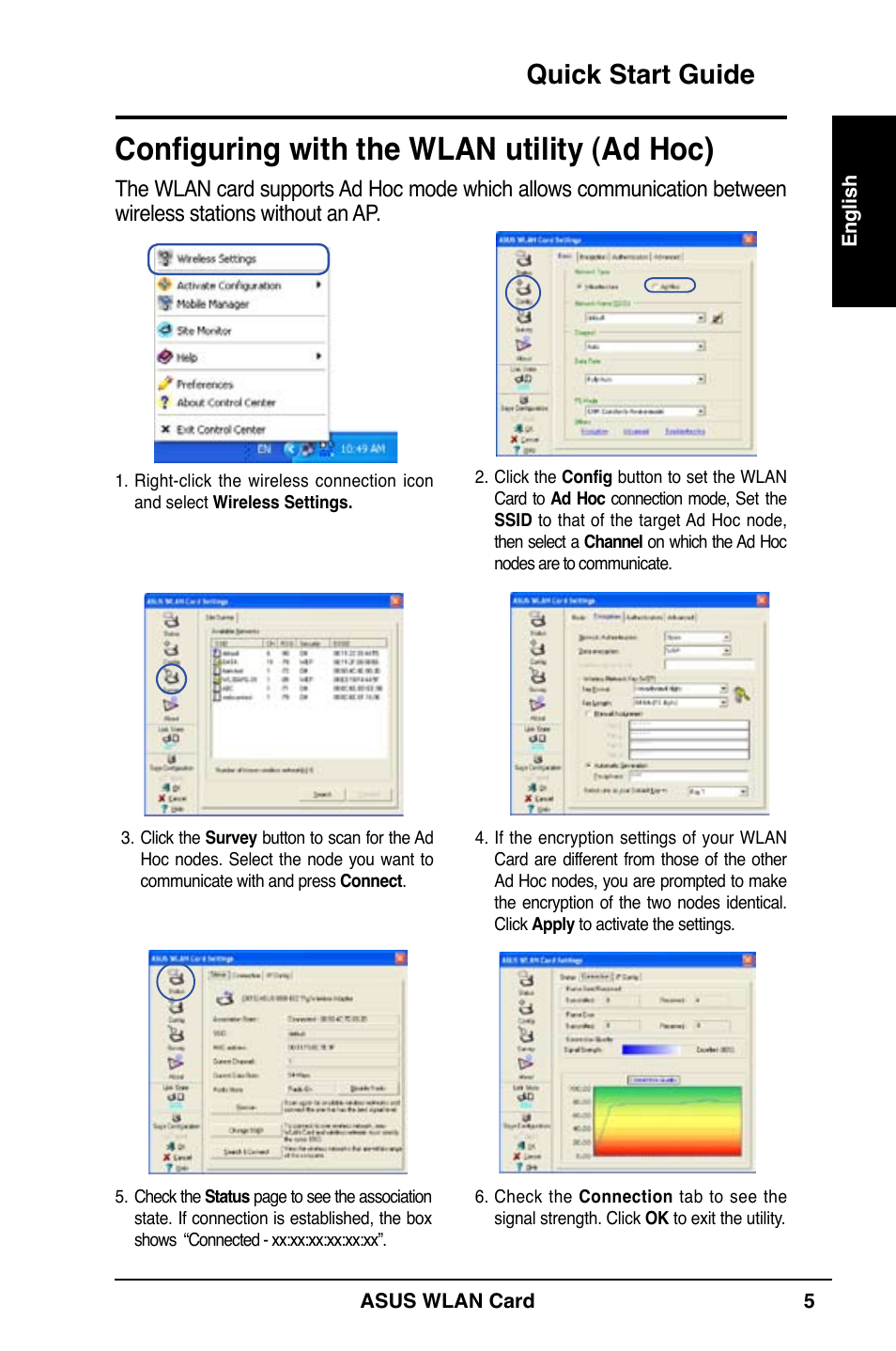 Configuring with the wlan utility (ad hoc), Quick start guide | Asus WL-169gE User Manual | Page 6 / 309