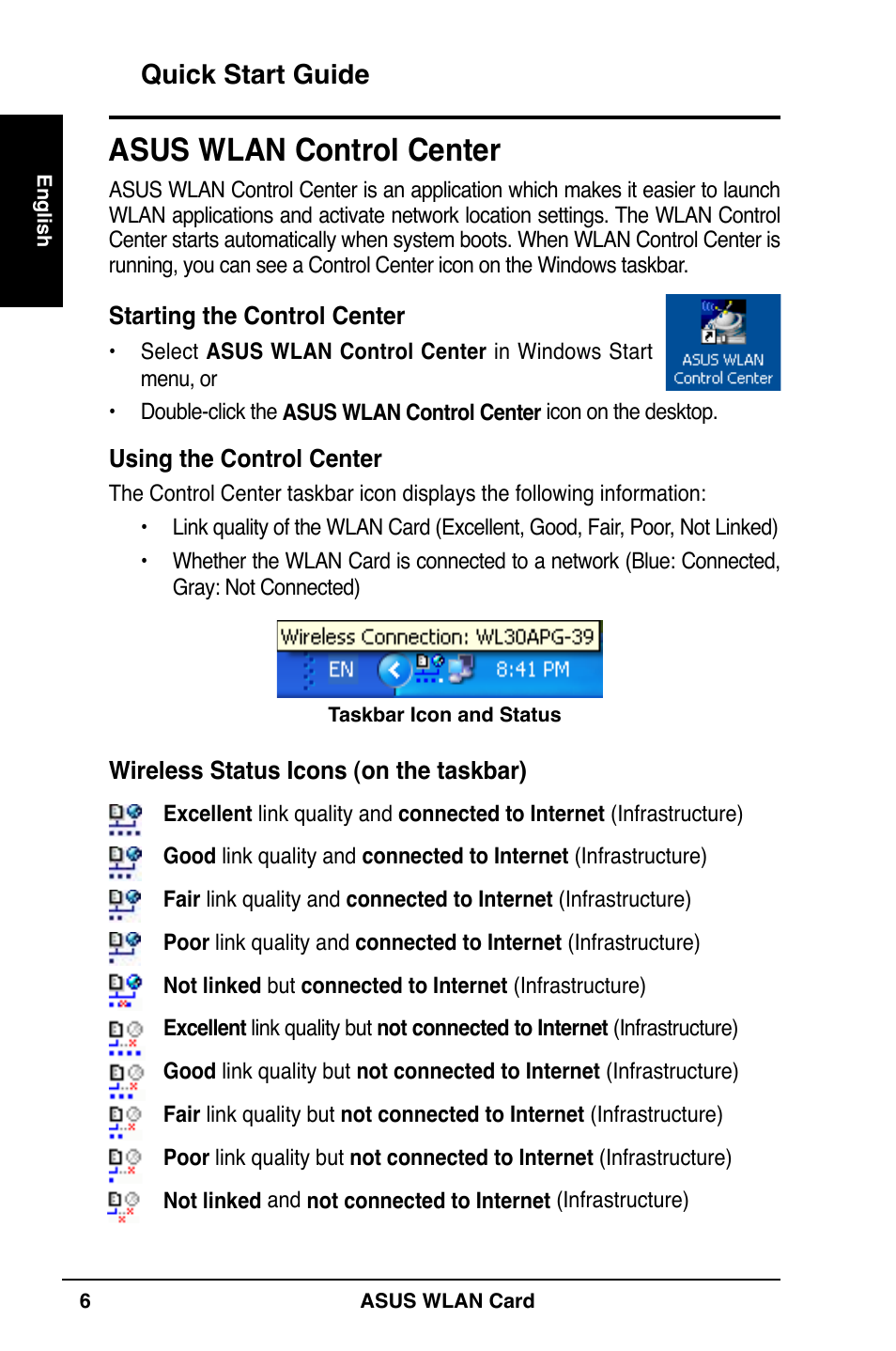 Asus wlan control center, Quick start guide | Asus WL-169gE User Manual | Page 7 / 309