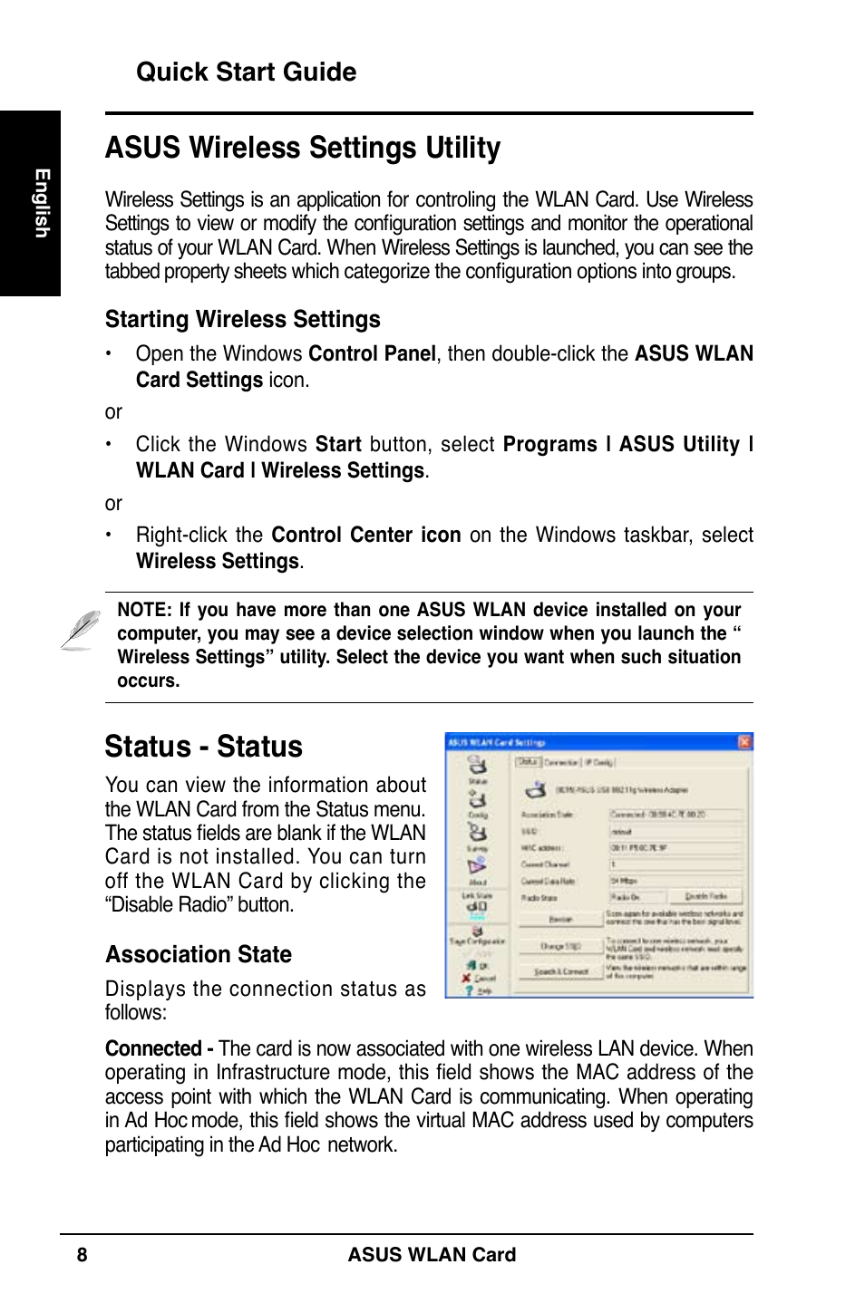 Status - status, Asus wireless settings utility, Quick start guide | Asus WL-169gE User Manual | Page 9 / 309