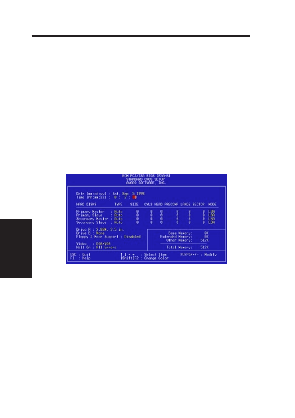 Iv. bios software, Standard cmos setup | Asus P5A-B User Manual | Page 40 / 72