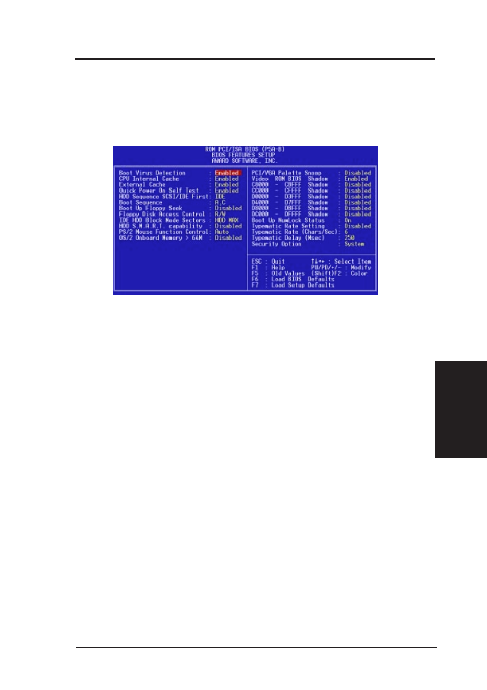 Iv. bios software, Bios features setup | Asus P5A-B User Manual | Page 43 / 72