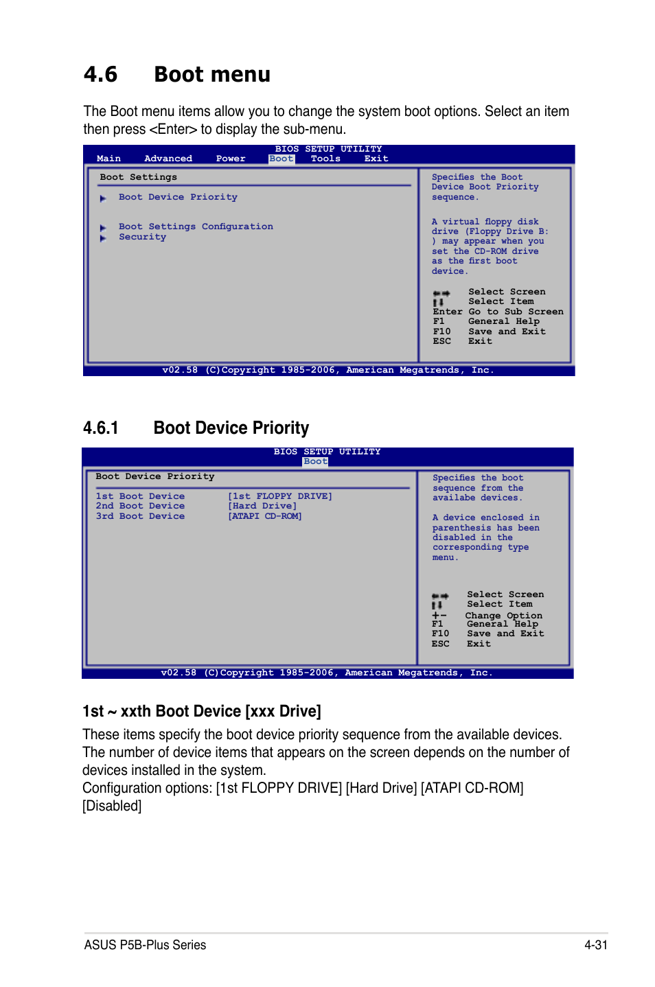 6 boot menu, 1 boot device priority, 1st ~ xxth boot device [xxx drive | Asus P5B-Plus VISTA Edition User Manual | Page 101 / 172