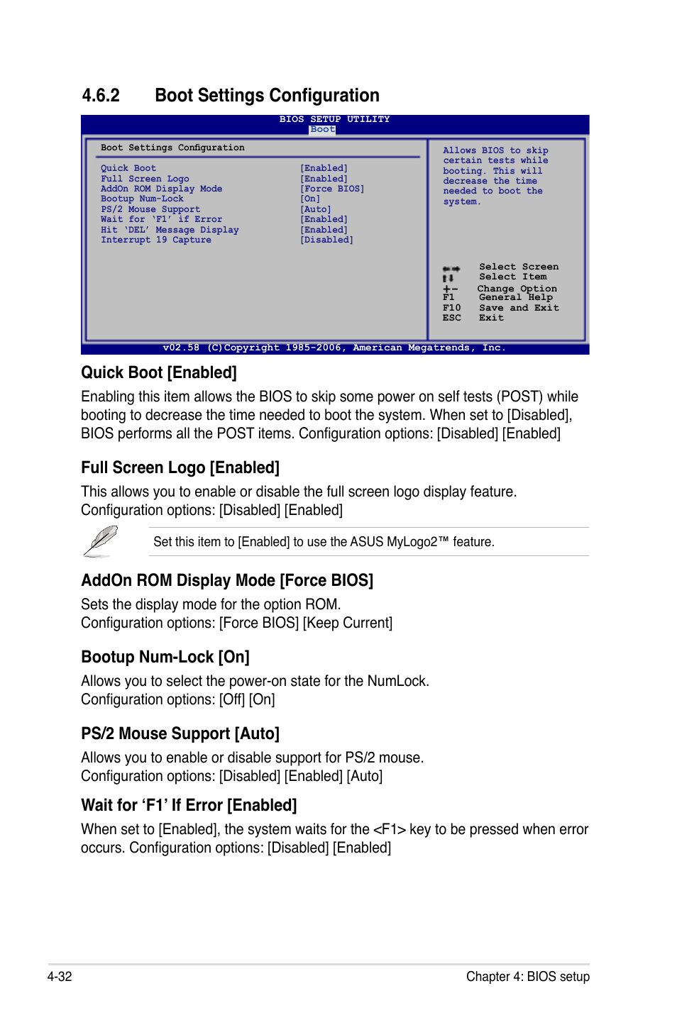 2 boot settings configuration, Quick boot [enabled, Full screen logo [enabled | Addon rom display mode [force bios, Bootup num-lock [on, Ps/2 mouse support [auto, Wait for ‘f1’ if error [enabled | Asus P5B-Plus VISTA Edition User Manual | Page 102 / 172