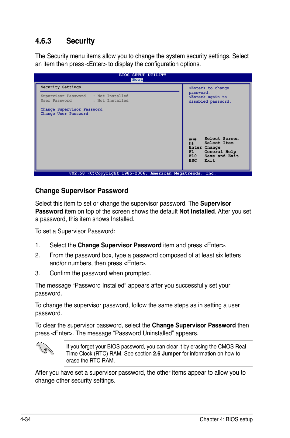 3 security, Change supervisor password | Asus P5B-Plus VISTA Edition User Manual | Page 104 / 172