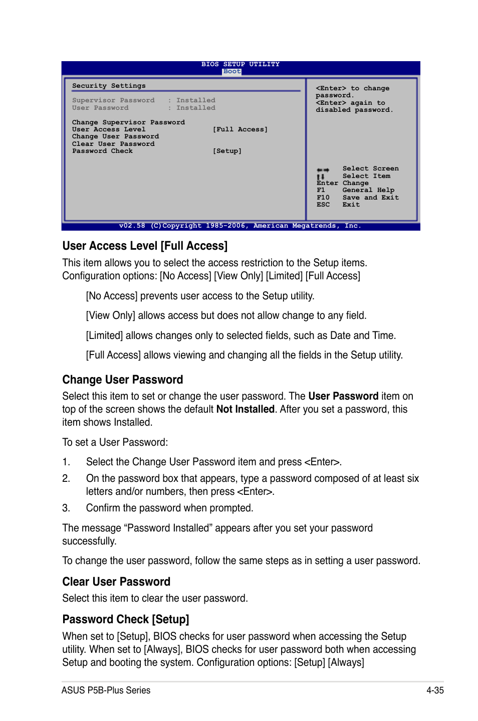 User access level [full access, Change user password, Clear user password | Password check [setup, Select this item to clear the user password | Asus P5B-Plus VISTA Edition User Manual | Page 105 / 172