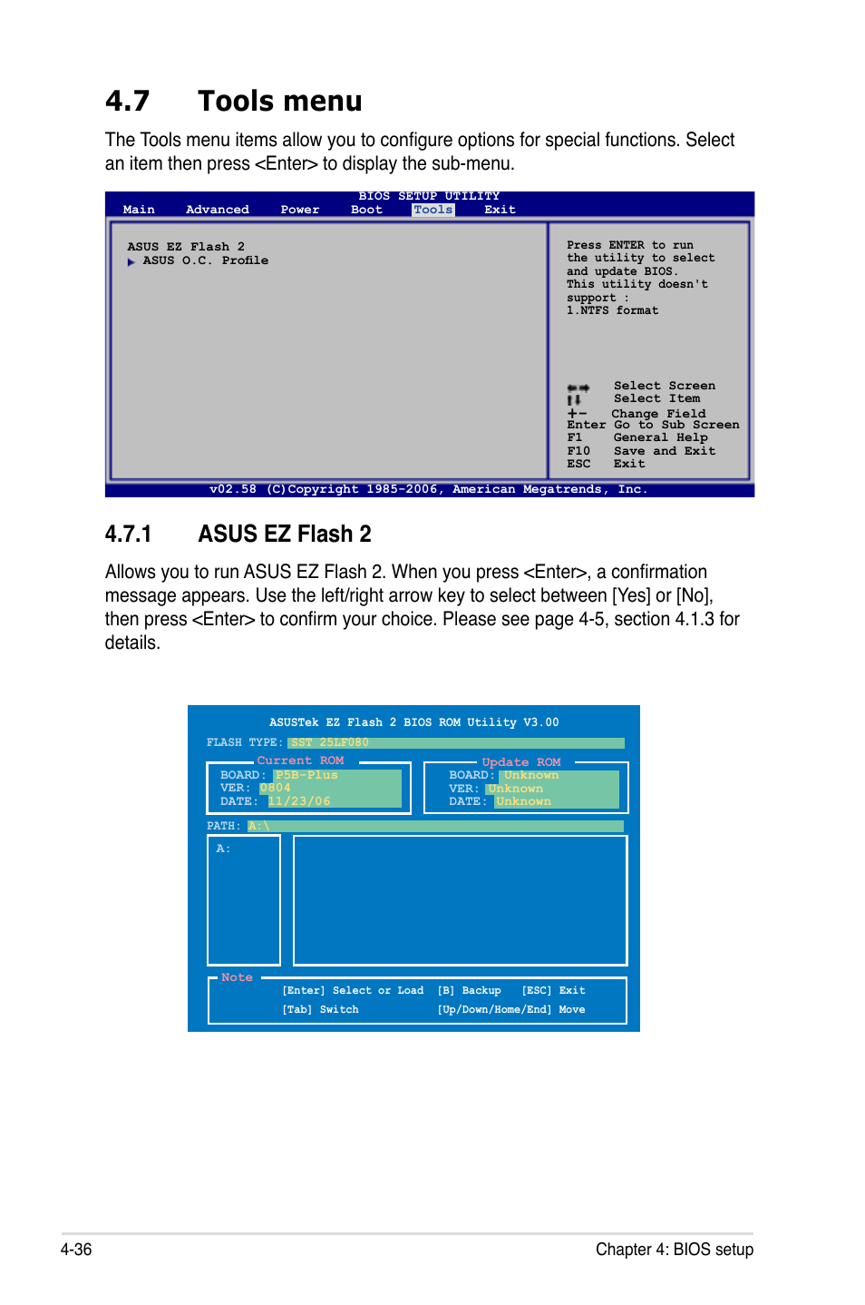 7 tools menu, 1 asus ez flash 2 | Asus P5B-Plus VISTA Edition User Manual | Page 106 / 172