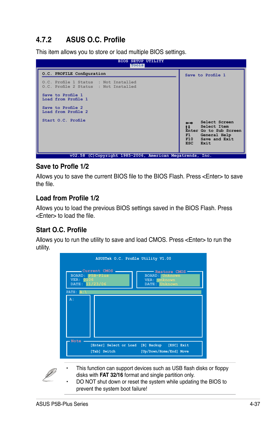 2 asus o.c. profile, Save to profle 1/2, Load from profile 1/2 | Start o.c. profile | Asus P5B-Plus VISTA Edition User Manual | Page 107 / 172