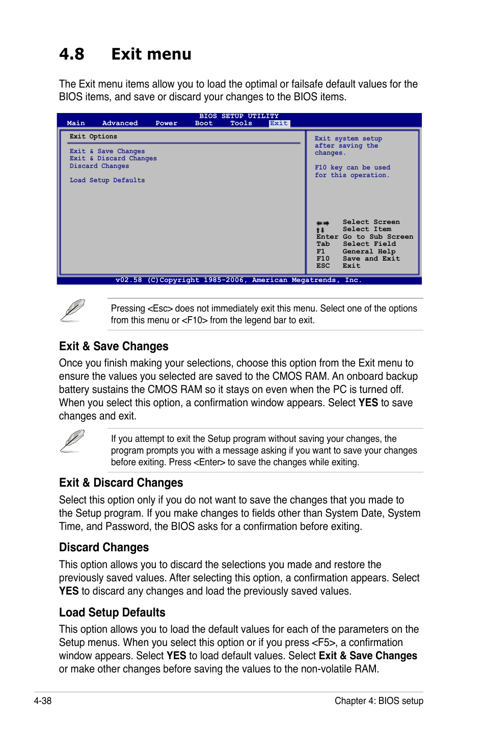 8 exit menu, Exit & save changes, Exit & discard changes | Discard changes, Load setup defaults | Asus P5B-Plus VISTA Edition User Manual | Page 108 / 172