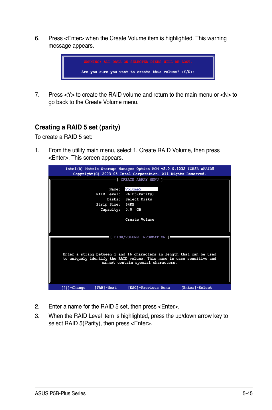 Creating a raid 5 set (parity) | Asus P5B-Plus VISTA Edition User Manual | Page 155 / 172