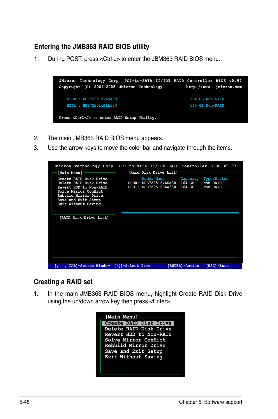 Entering the jmb363 raid bios utility, Creating a raid set | Asus P5B-Plus VISTA Edition User Manual | Page 158 / 172