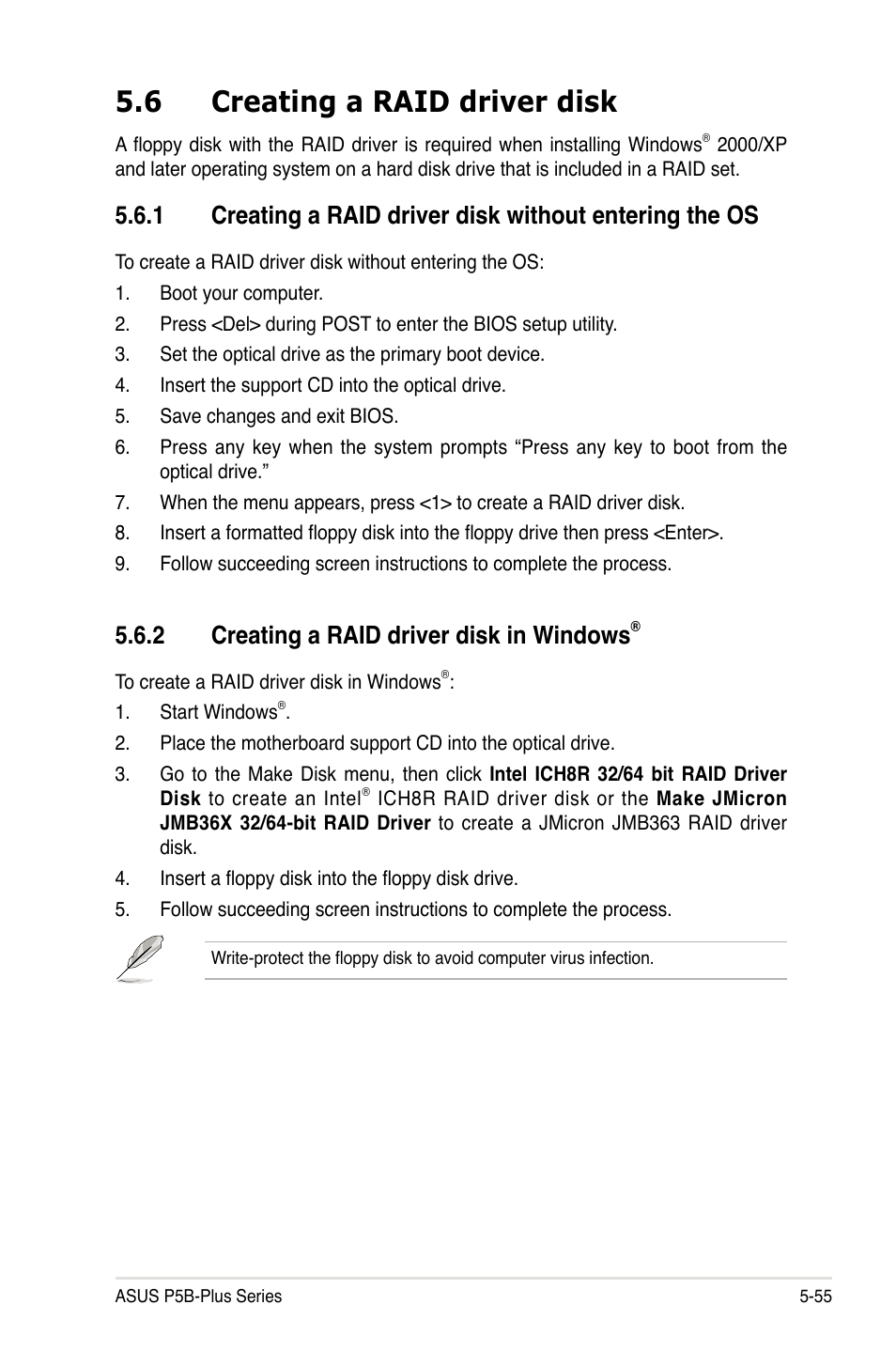 6 creating a raid driver disk, 2 creating a raid driver disk in windows | Asus P5B-Plus VISTA Edition User Manual | Page 165 / 172