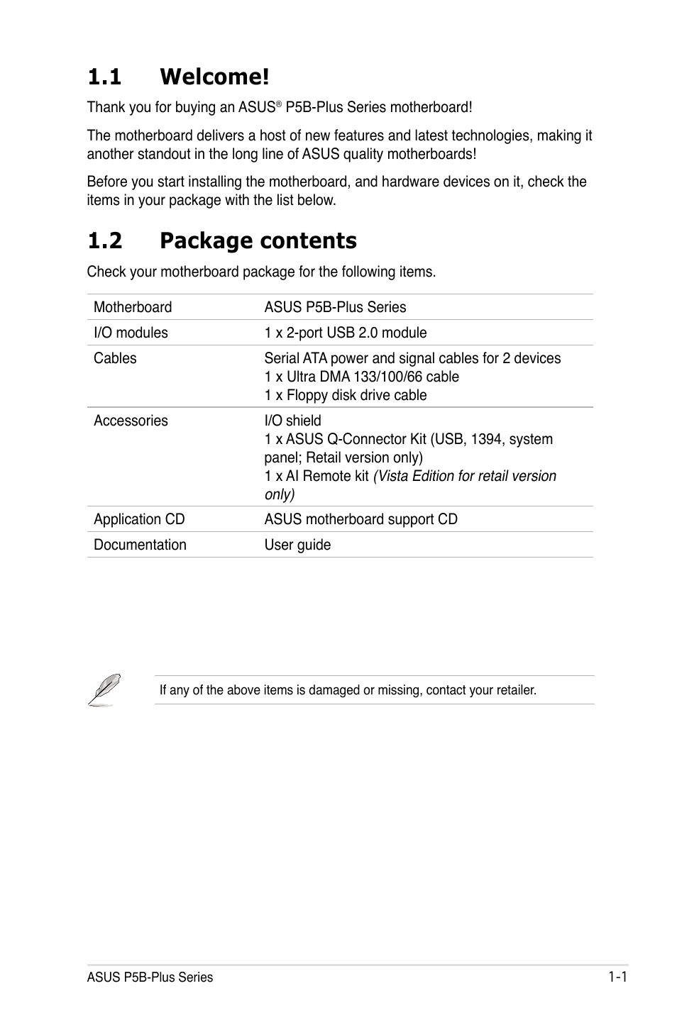 1 welcome, 2 package contents | Asus P5B-Plus VISTA Edition User Manual | Page 17 / 172