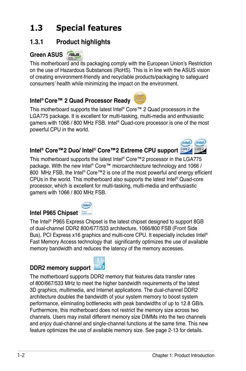 3 special features, 1 product highlights, Green asus | Intel, Core™ 2 quad processor ready, Core™2 duo/ intel, Core™2 extreme cpu support, Intel p965 chipset | Asus P5B-Plus VISTA Edition User Manual | Page 18 / 172