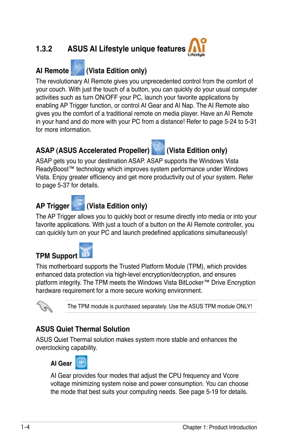 2 asus ai lifestyle unique features | Asus P5B-Plus VISTA Edition User Manual | Page 20 / 172