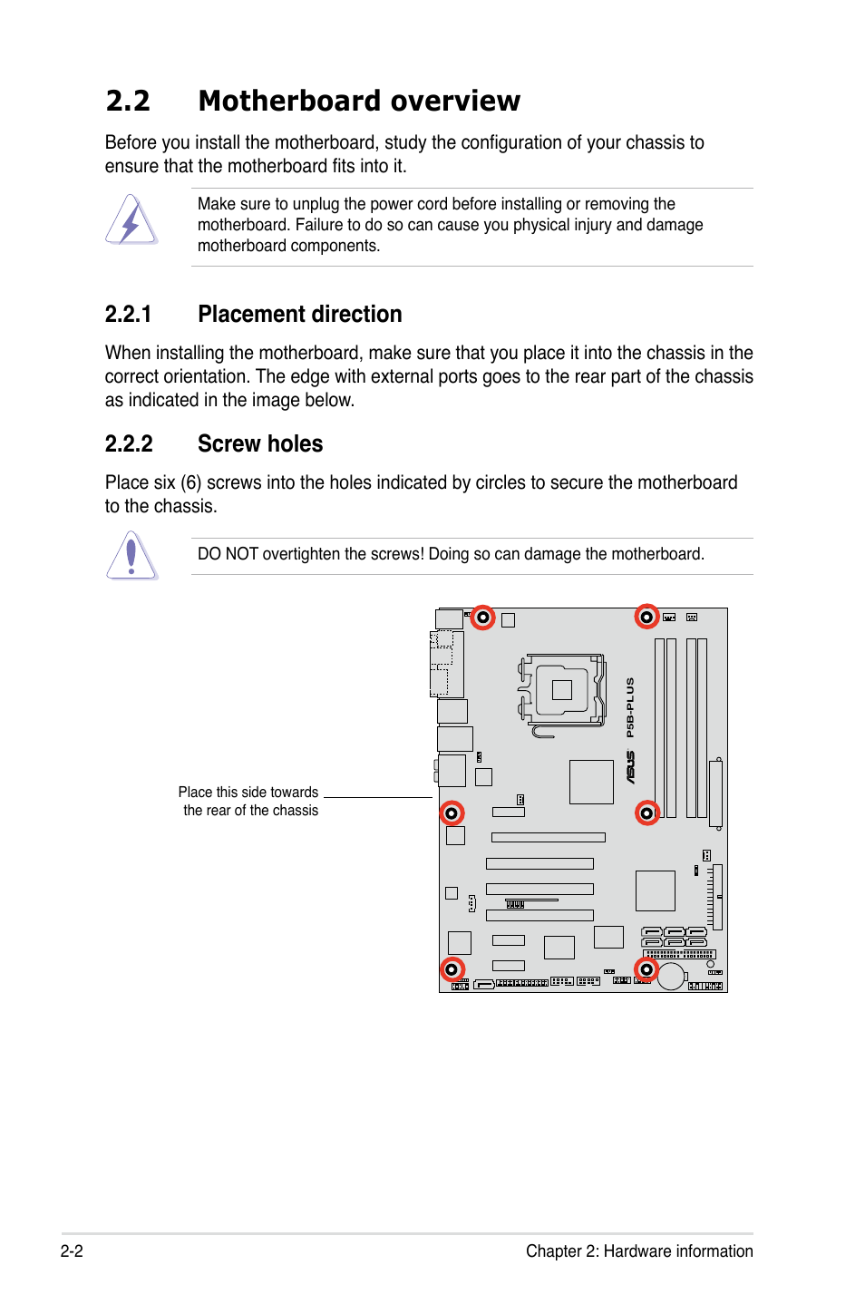 2 motherboard overview, 1 placement direction, 2 screw holes | Asus P5B-Plus VISTA Edition User Manual | Page 28 / 172