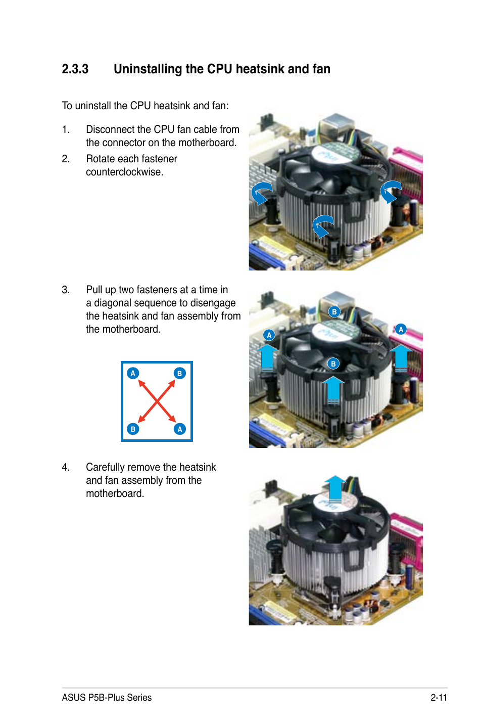 3 uninstalling the cpu heatsink and fan | Asus P5B-Plus VISTA Edition User Manual | Page 37 / 172