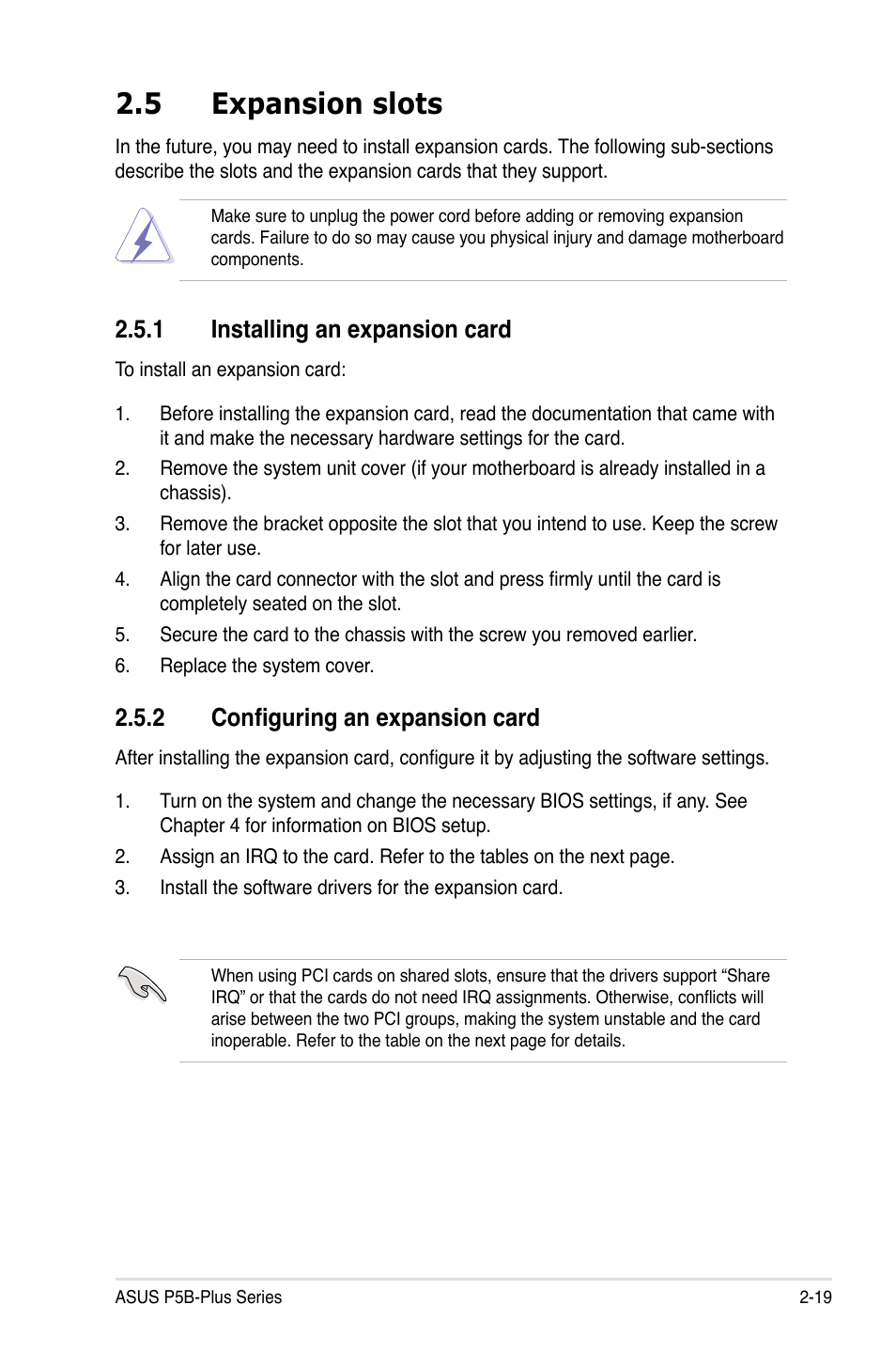 5 expansion slots, 1 installing an expansion card, 2 configuring an expansion card | Asus P5B-Plus VISTA Edition User Manual | Page 45 / 172