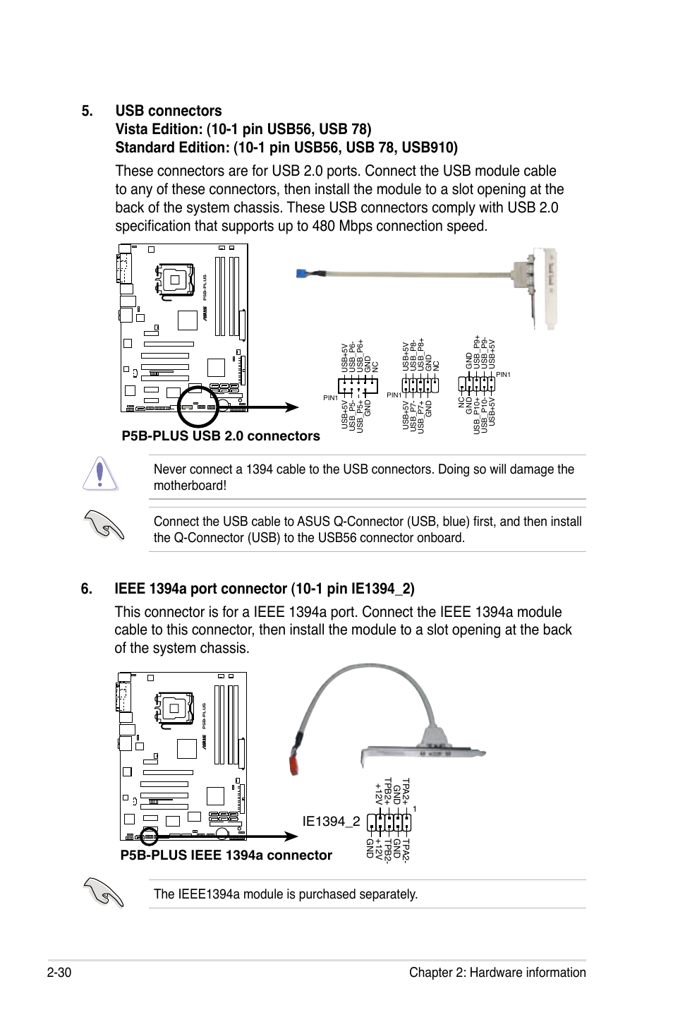 30 chapter 2: hardware information, P5b-plus usb 2.0 connectors | Asus P5B-Plus VISTA Edition User Manual | Page 56 / 172