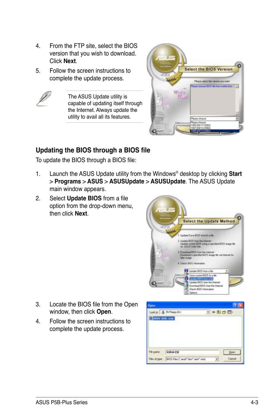 Updating the bios through a bios file | Asus P5B-Plus VISTA Edition User Manual | Page 73 / 172