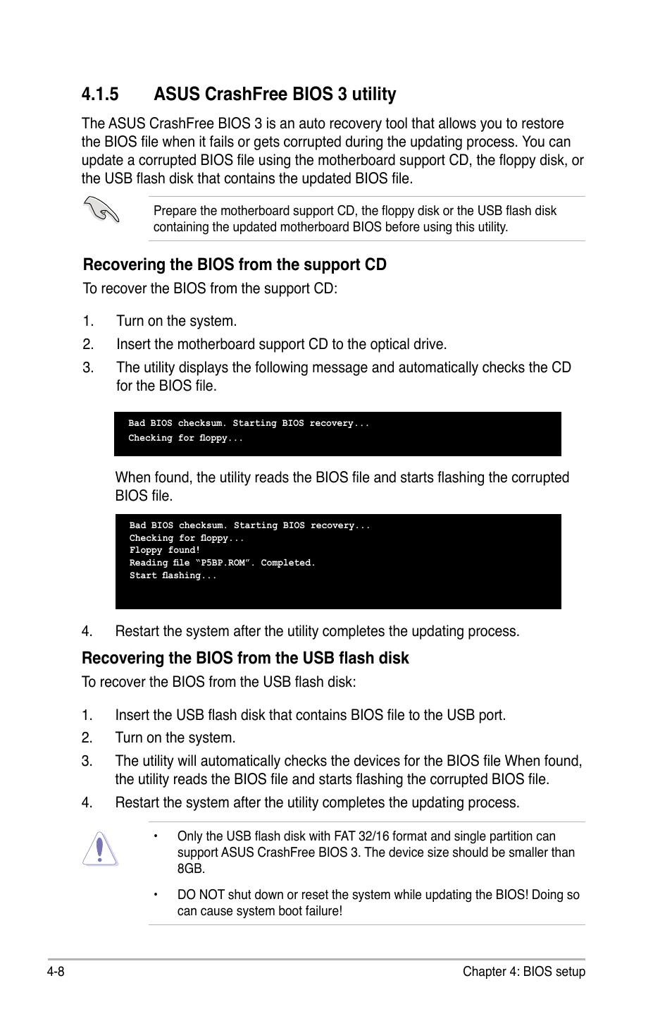 5 asus crashfree bios 3 utility, Recovering the bios from the support cd, Recovering the bios from the usb flash disk | Asus P5B-Plus VISTA Edition User Manual | Page 78 / 172