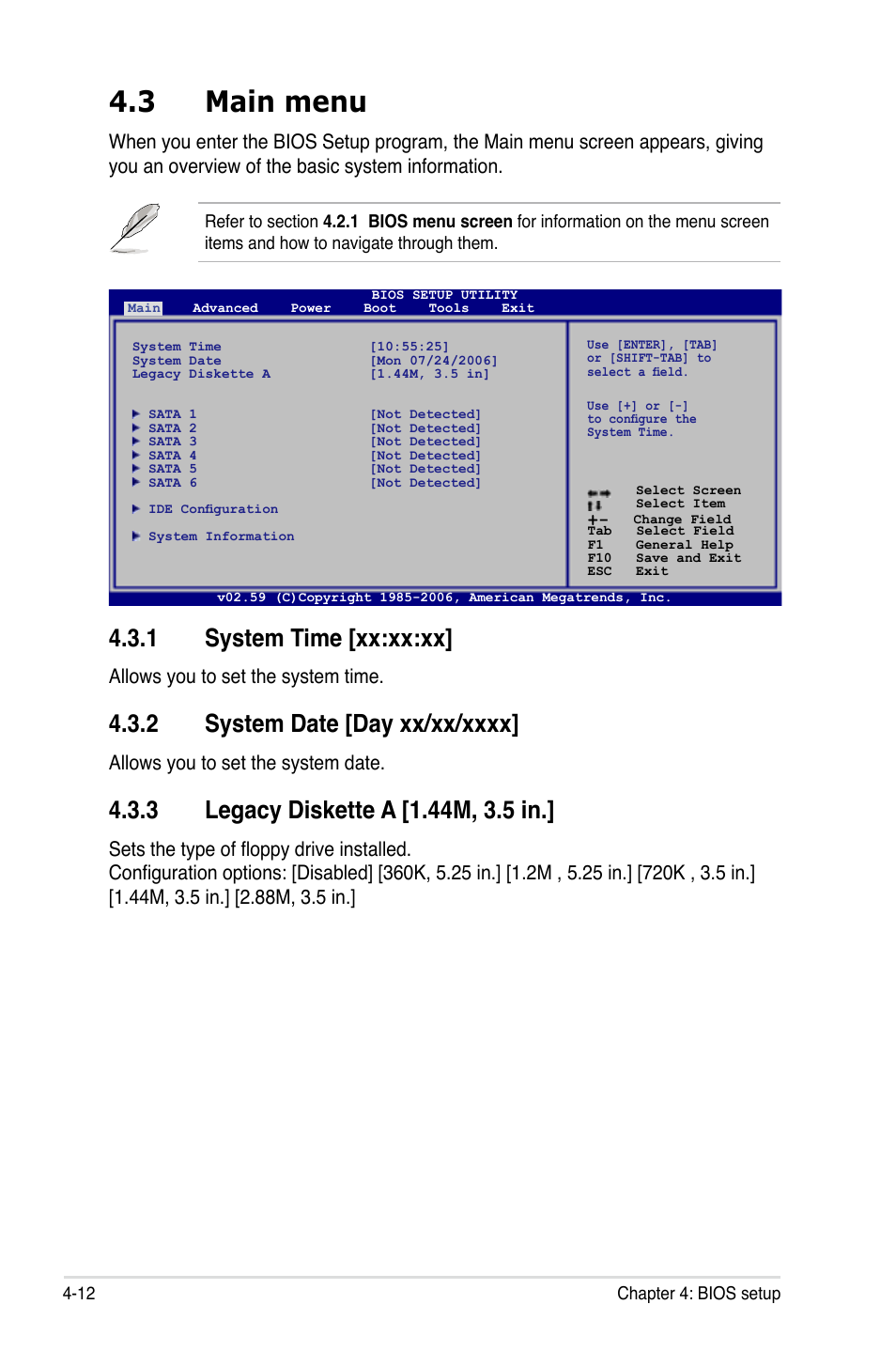 3 main menu, 1 system time [xx:xx:xx, Allows you to set the system time | Allows you to set the system date | Asus P5B-Plus VISTA Edition User Manual | Page 82 / 172