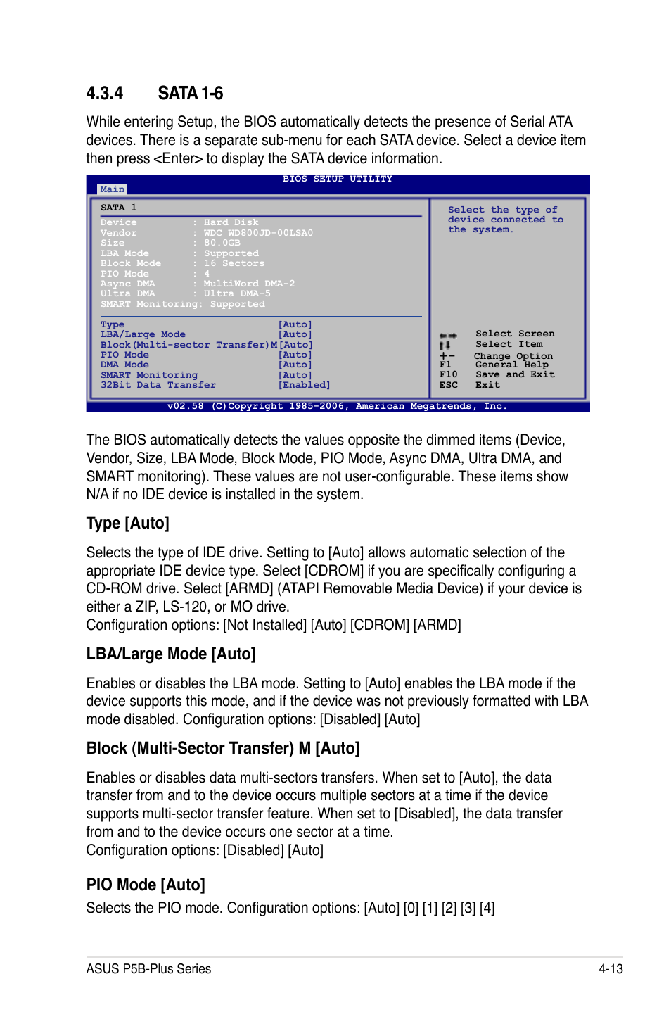 4 sata 1-6, Type [auto, Lba/large mode [auto | Block (multi-sector transfer) m [auto, Pio mode [auto | Asus P5B-Plus VISTA Edition User Manual | Page 83 / 172