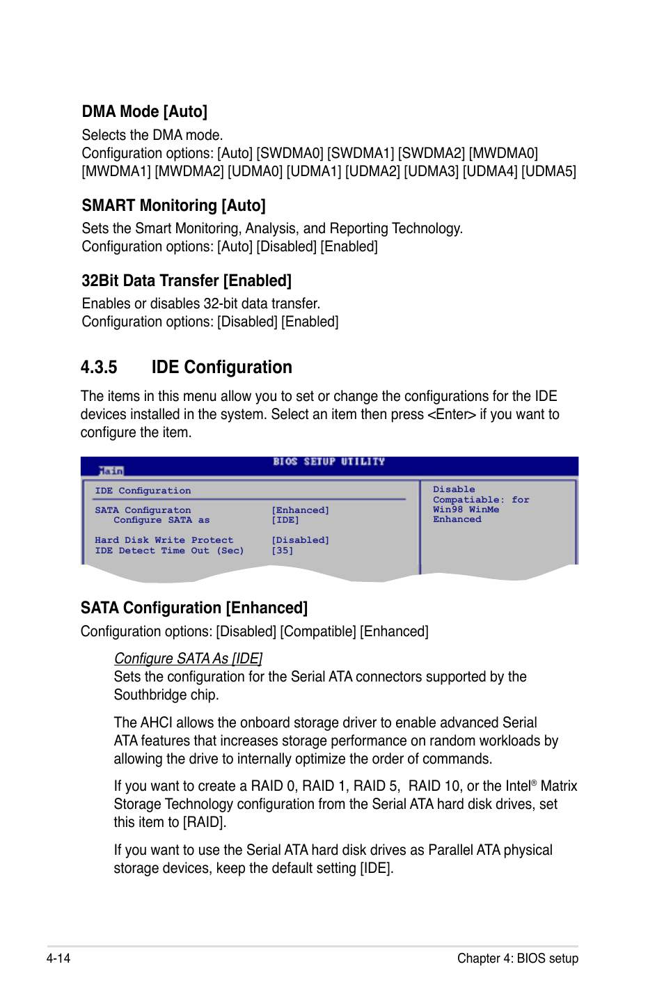 5 ide configuration, Dma mode [auto, Smart monitoring [auto | 32bit data transfer [enabled, Sata configuration [enhanced | Asus P5B-Plus VISTA Edition User Manual | Page 84 / 172