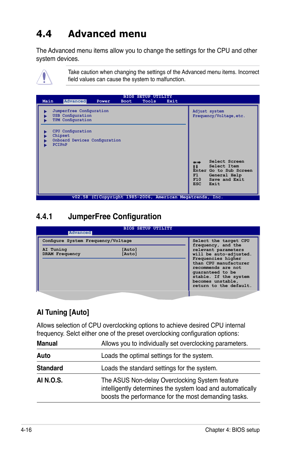 4 advanced menu, 1 jumperfree configuration, Ai tuning [auto | Asus P5B-Plus VISTA Edition User Manual | Page 86 / 172