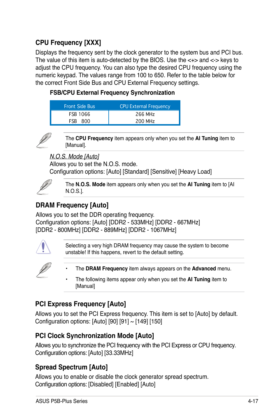 Cpu frequency [xxx, Dram frequency [auto, Pci express frequency [auto | Pci clock synchronization mode [auto, Spread spectrum [auto | Asus P5B-Plus VISTA Edition User Manual | Page 87 / 172