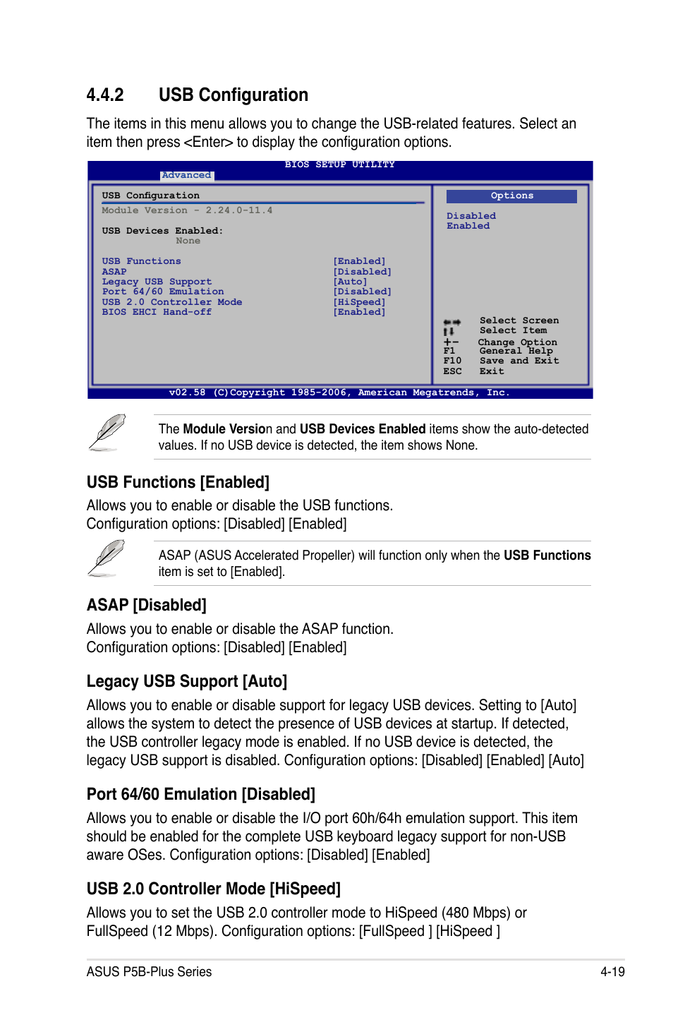 2 usb configuration, Usb functions [enabled, Asap [disabled | Legacy usb support [auto, Port 64/60 emulation [disabled, Usb 2.0 controller mode [hispeed | Asus P5B-Plus VISTA Edition User Manual | Page 89 / 172