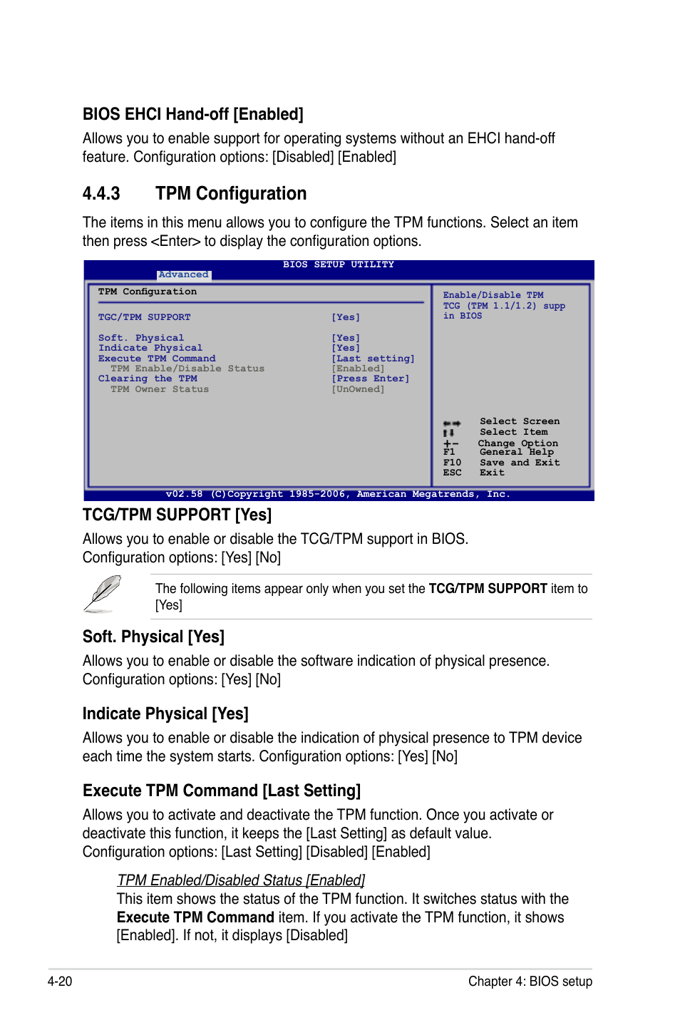 3 tpm configuration, Tcg/tpm support [yes, Soft. physical [yes | Indicate physical [yes, Execute tpm command [last setting, Bios ehci hand-off [enabled | Asus P5B-Plus VISTA Edition User Manual | Page 90 / 172