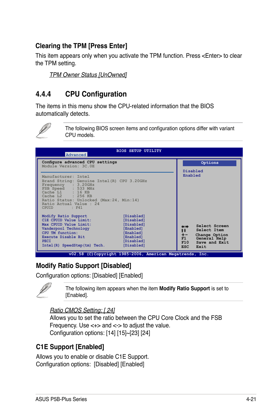 4 cpu configuration, Clearing the tpm [press enter, Modify ratio support [disabled | C1e support [enabled, Configuration options: [disabled] [enabled | Asus P5B-Plus VISTA Edition User Manual | Page 91 / 172