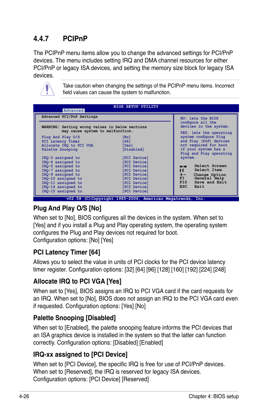 7 pcipnp, Plug and play o/s [no, Pci latency timer [64 | Allocate irq to pci vga [yes, Palette snooping [disabled, Irq-xx assigned to [pci device | Asus P5B-Plus VISTA Edition User Manual | Page 96 / 172